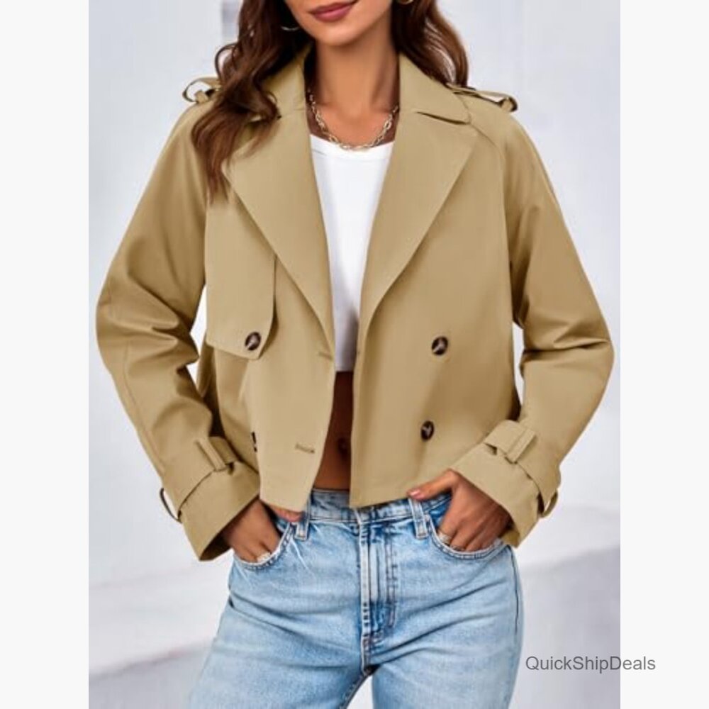 Cropped Trench Coat Double Breasted Notch Lapel Lightweight Jacket - Picture 2 of 7